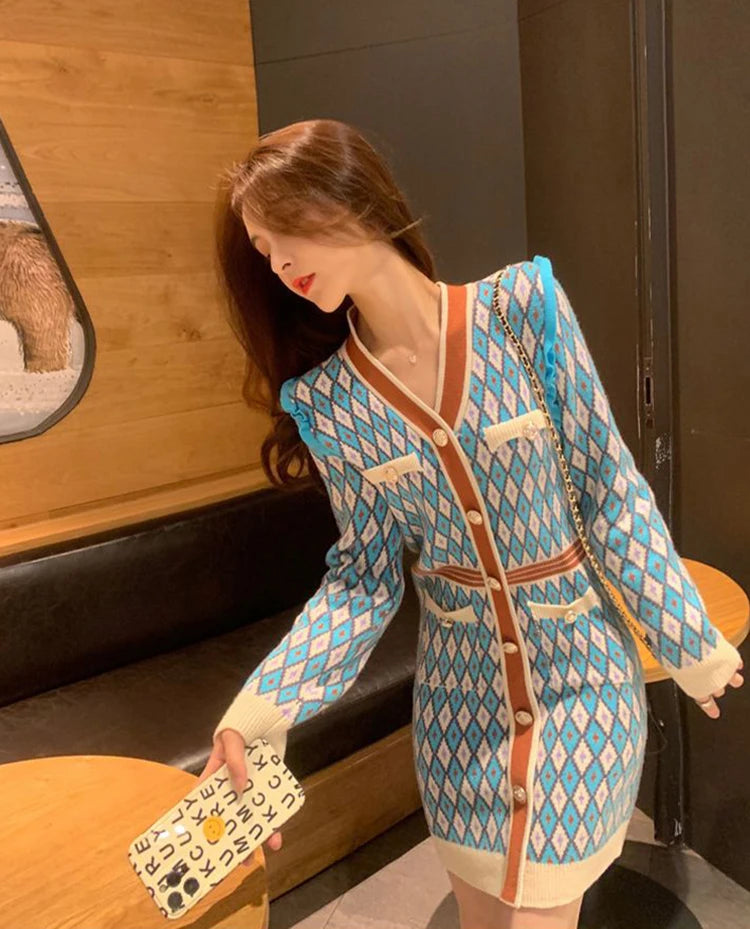 🍒Knitted dress for women v- neck autumn winter fashion french style clothing smart casual female outfit women diamond checkered clothing Playout Plaids