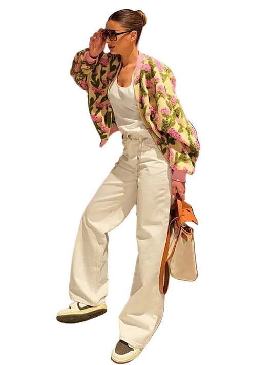 🍒Floral fleece bomber jacket women smart casual elegant stand collar bomber embroidery long sleeve zip up short coat spring outerwear 3D clothing Fab Fleece Flowery Fashion Fun