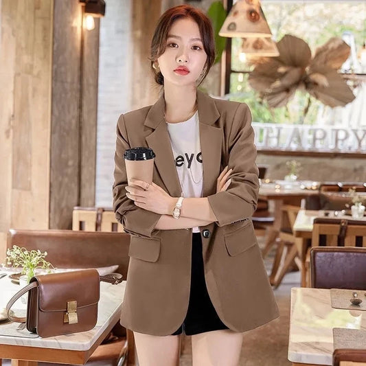 🍒Womens slim blazer spring autumn long sleeve chic office clothing notched lapel solid suit jacket female smart casual clothes Button Up On style