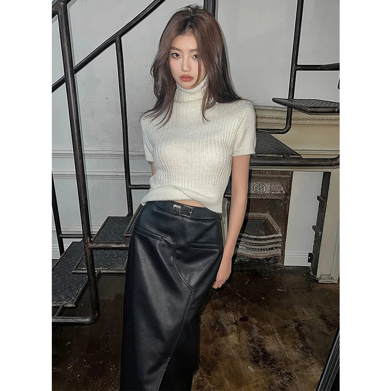 🍒Vintage faux leather skirt for women high waisted black maxi skirt with slits Y2K fashion split slim a-line Dont Slip Up On Style Get This Split Slim Slick