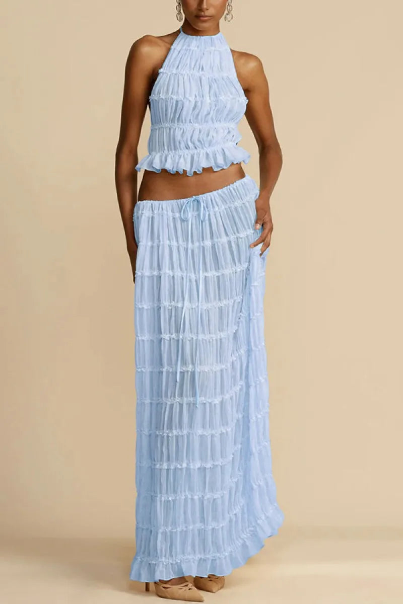 🍒Casual outfit long skirt maxi and sleeveless backless tops for women high waisted long straight skirt beach chic suit Lovely Ruchie Rufflie