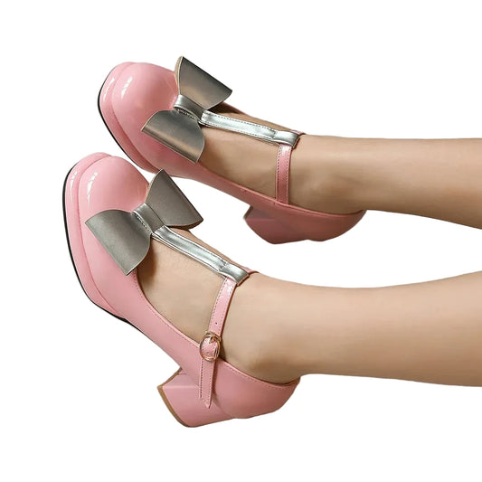 🍒T strap high heels round toe pumps women low platform shoes plus size available bow footwear for party wear wedding t-bar for special occasions Footwear With A Bow On IT