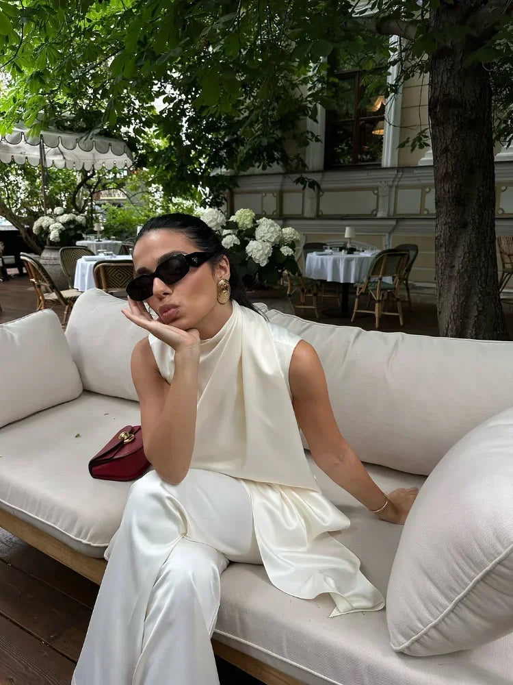 🍒White satin two piece set silk outfits Irregular fashion sleeveless party wear long tops for women and high waist trouser suit part occasion wear Get A Fashion Angle