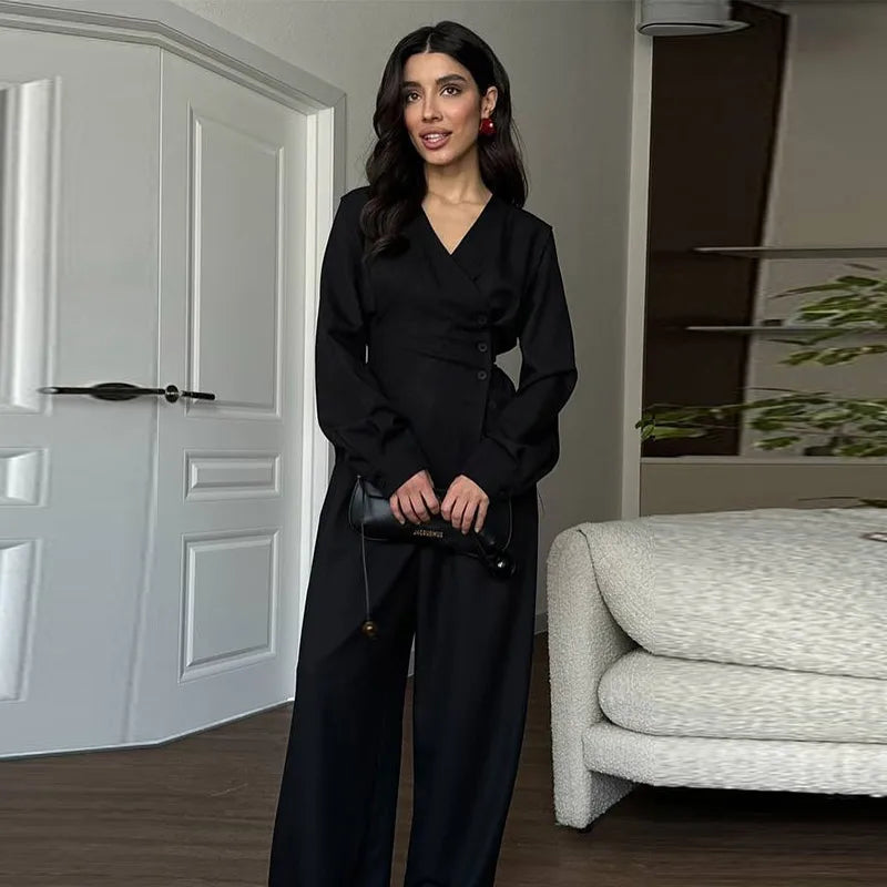 🍒Smart casual side button shirt for women shirt jacket flannel and wide leg pants matching set single-breasted outfit slim waist v-neck full sleeve top and trouser co ord No Flannel Fashion Flannel