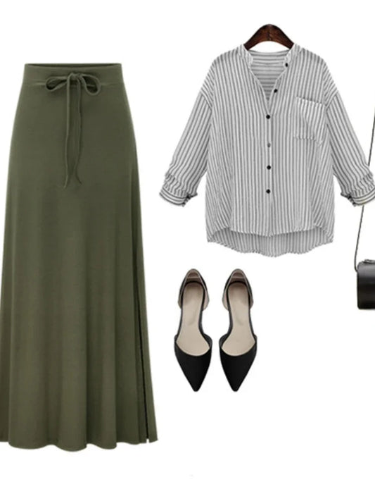 🍒Elasticated waist skirts a-line miidi cotton long loose bowknot casual clothing for women all season wear