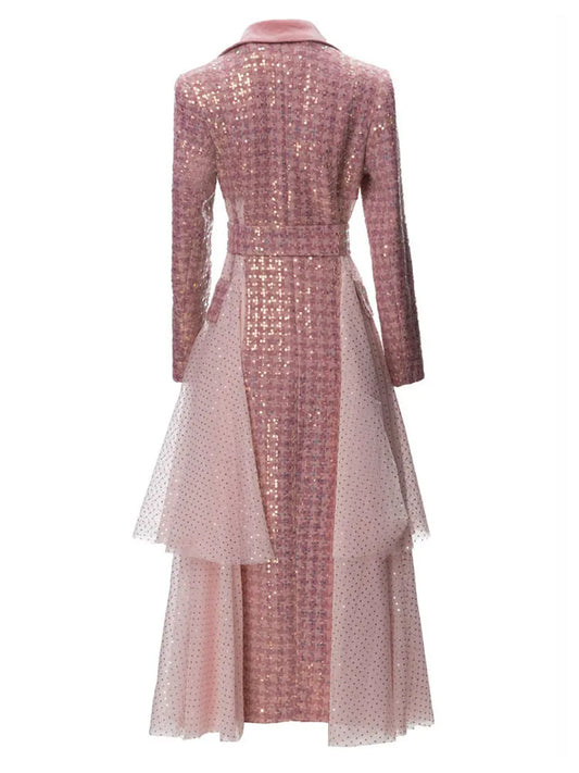 🍒Sequin trench coat design with mesh long sleeve coat with belt for women special occasion outerwear with fitted waist single breasted fashion feminine outdoor clothing