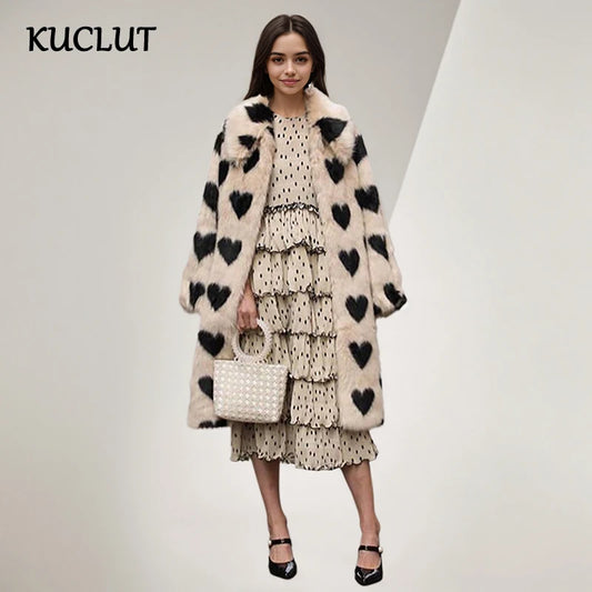 🍒Fashion versatile heart print faux fur coat long winter women plush warm Integrated furs coats Warm Hearting Fashion