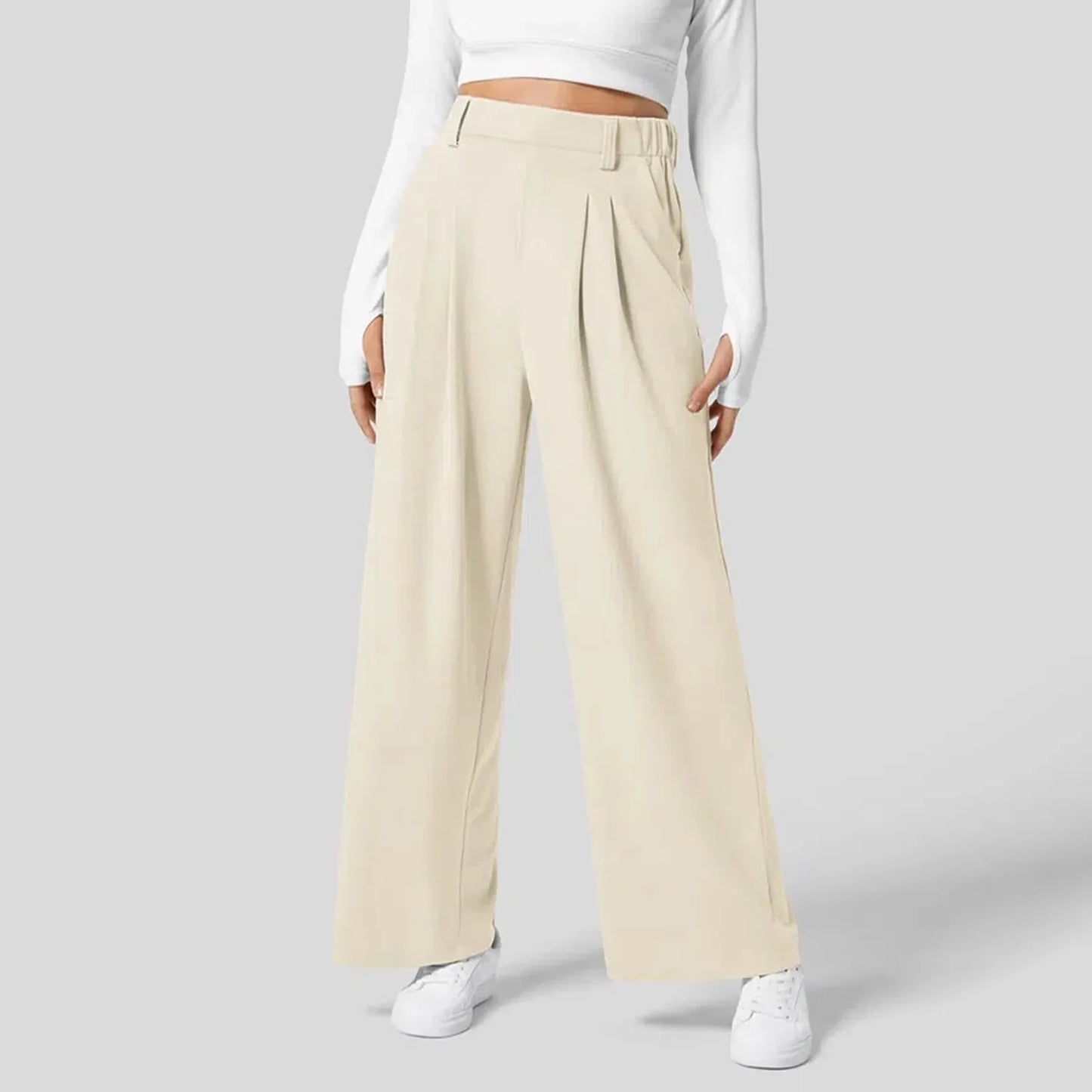 🍒Straight fit high rise trousers fashionable smart casual women loose solid colour wide leg pants Solid Slick Staples
