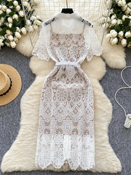 🍒White long lace dress for women short sleeve turn down collar elegant occasion party wedding reception outfit high waist Y2k fashion Lacey Bow Loves This So Will You!