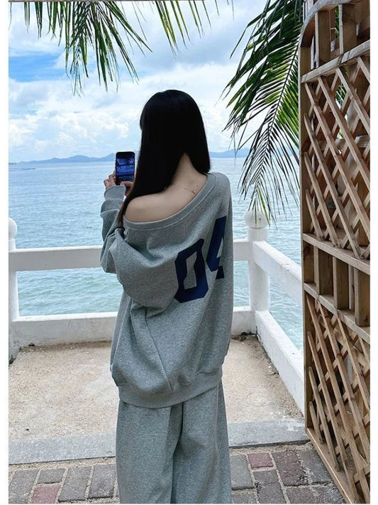 🍒Casual 2 piece sets women outfit jersey oversized pant sets vintage letter print off shoulder tracksuit smart casual wear for women Jumbo Jerseys Justneeds