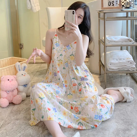 🍒Sleeveless night dress for Women breathable viscose cotton camisole nightie floral night dress loungewear summer wear holidaywear nightwear Fresh Florals