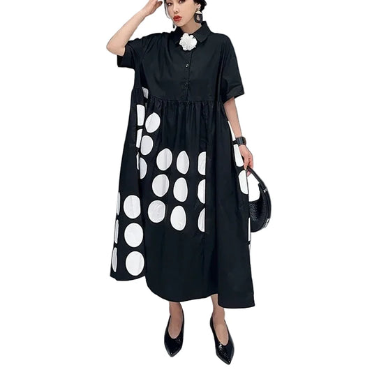 🍒Large polka dot printed dress black and white long shirt dress loose fit plus size fashion chic smart casual wear women Say Yes To Dominos