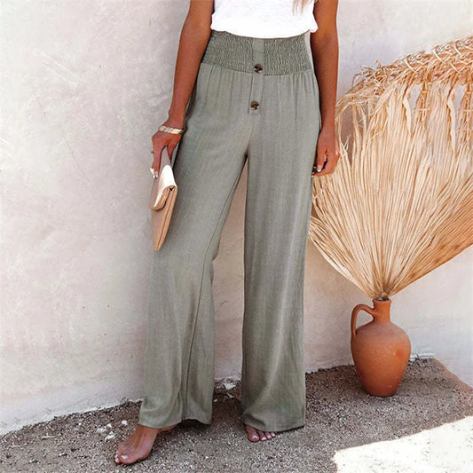 🍒Cotton linen trousers three buttons decoration solid colour fashion wear elastic waist wide Leg pants women comfortable casual botoms