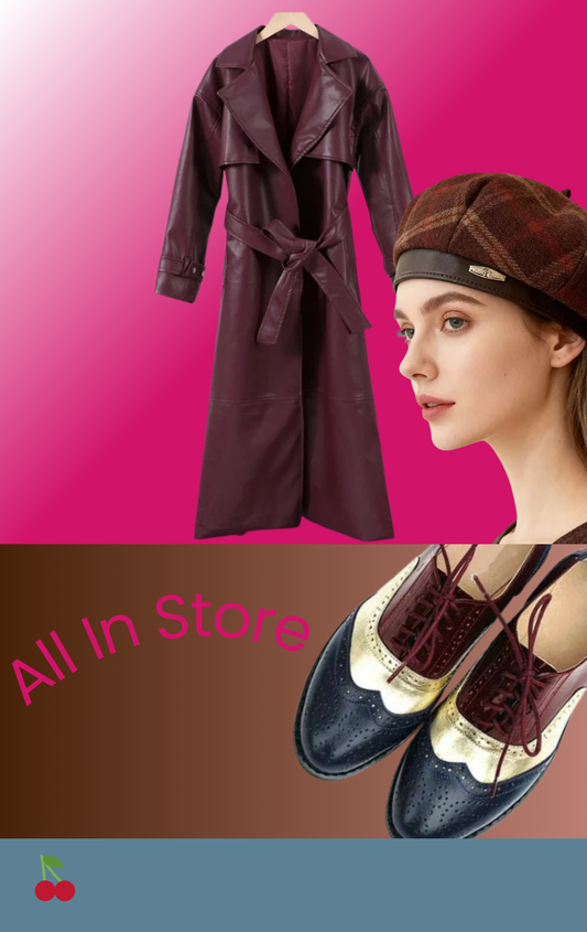 faux leather burgundy trench coat in on trend burgundy shade with coordinating hat and accented brougues all in store cherritreewendy.com.mx