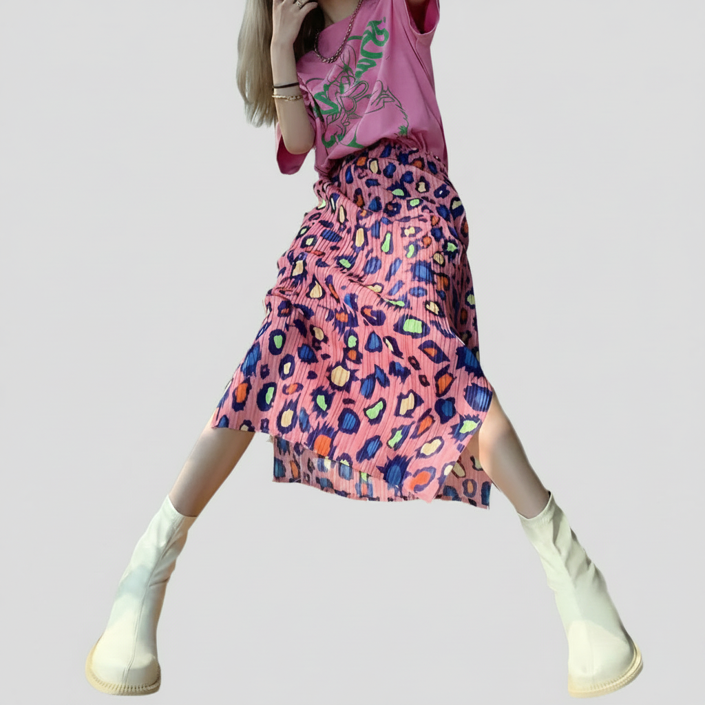 🍒Pleated long skirt leopard print smart casual clothing women's a-line split multi colour fashion wear  Leap OnThis Multi Tasker Multi