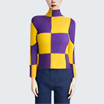 🍒Designer summer tops geometric fashion wear printed long sleeve blouse checkered women casual shirts stretch pleated t-shirts Square This Square At Check-Out