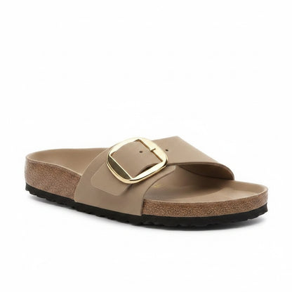 🍒Womens genuine Leather Flat Sandals buckle sliders genuine cow hide slip ons quality summer sandals  Holiday Vibe Slide