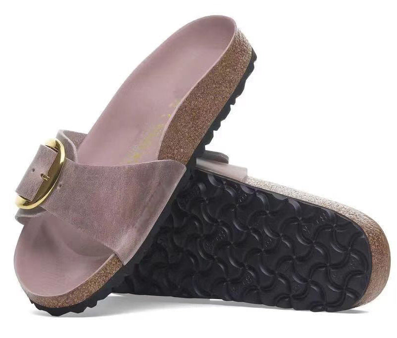 🍒Womens genuine Leather Flat Sandals buckle sliders genuine cow hide slip ons quality summer sandals  Holiday Vibe Slide