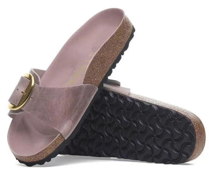 🍒Womens genuine Leather Flat Sandals buckle sliders genuine cow hide slip ons quality summer sandals  Holiday Vibe Slide