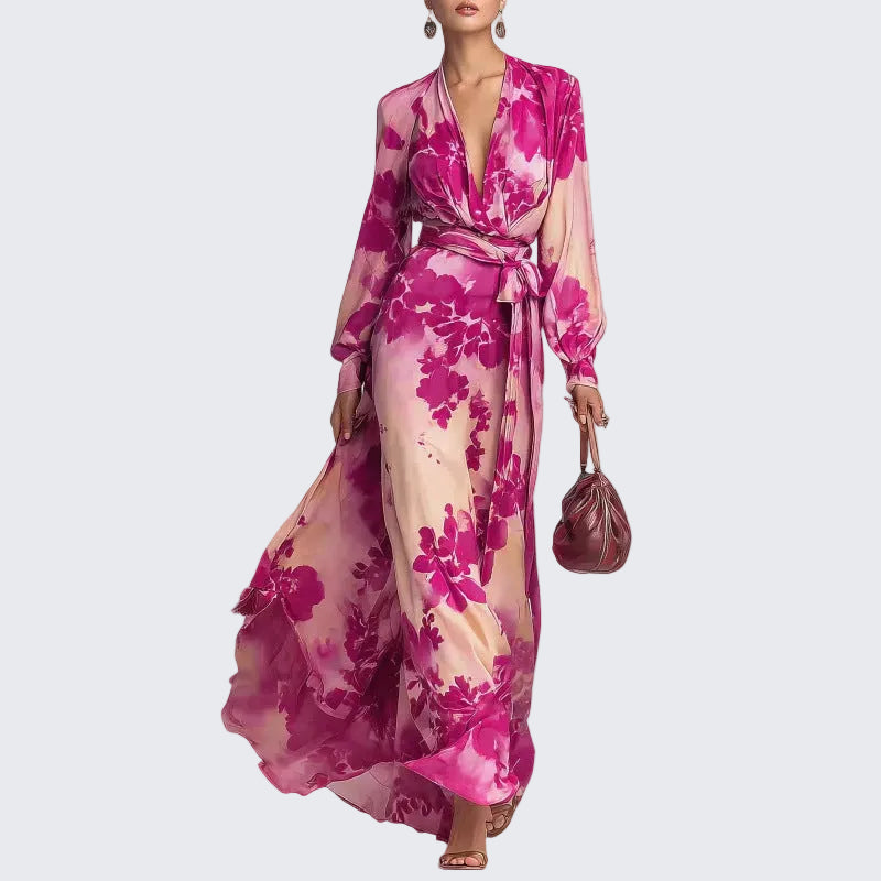🍒Floral Print Chiffon dress long sleeve maxi dress for occasion wear with v-neck puff sleeve outfits holiday wear women Don’t be a FOOL grab this RASPBERRY soon