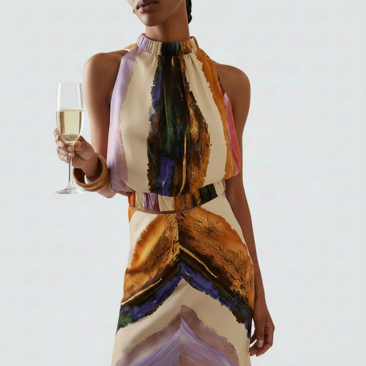 🍒Womens sleeveless printed maxi dress occasion wear fashion holiday wear multi colour outfit for summer fitted waist clothing Chevron Chic