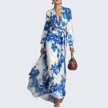 🍒Floral Print Chiffon dress long sleeve maxi dress for occasion wear with v-neck puff sleeve outfits holiday wear women Don’t be a FOOL grab this RASPBERRY soon
