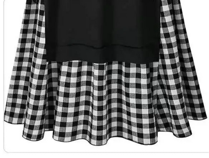 🍒Long sleeve round neck dress plaid a-line outfit midi plus size smart casual women black and white clothes  Put On Plaid-attitude