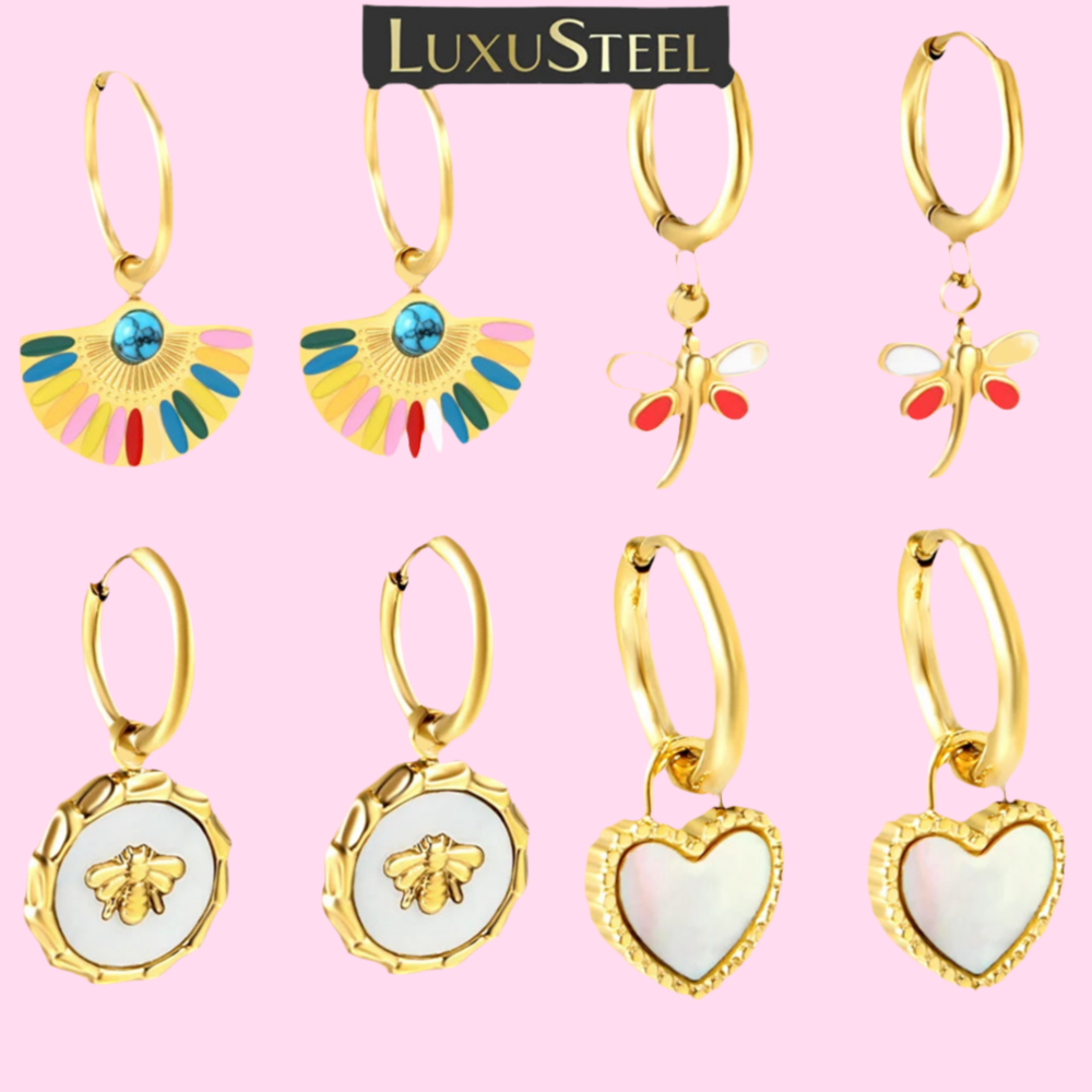🍒Trendy jewellery stainless steel jewlry oil drip 18K gold plated hoop earrings butterfly shell bee heart earrings smart casual accessories