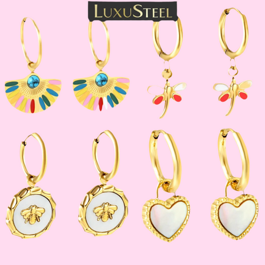 🍒Trendy jewellery stainless steel jewlry oil drip 18K gold plated hoop earrings butterfly shell bee heart earrings smart casual accessories
