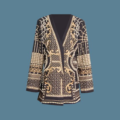 🍒Mid length coats black blazer with pearls long sleeve v- neck jacket full sleeve with with intricate embridery pearls detailing trendy classic clothes occasion clothing Celebrate Ornate