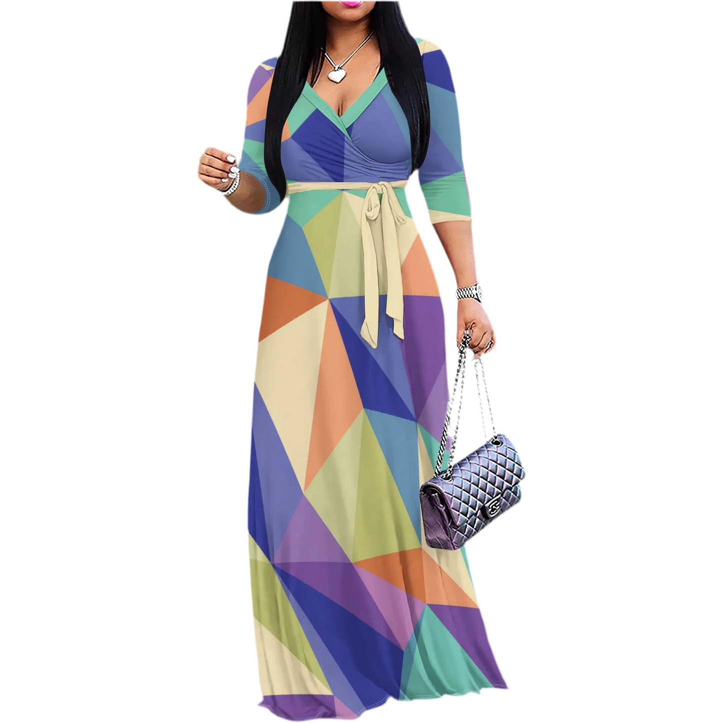 🍒Women's geo print maxi dress for beach party outfit with v- neckline tie waist and pockets casual 3 /4 Sleeve V-Neck Wrap tie waist long dress Trusty Toss-on Triangles