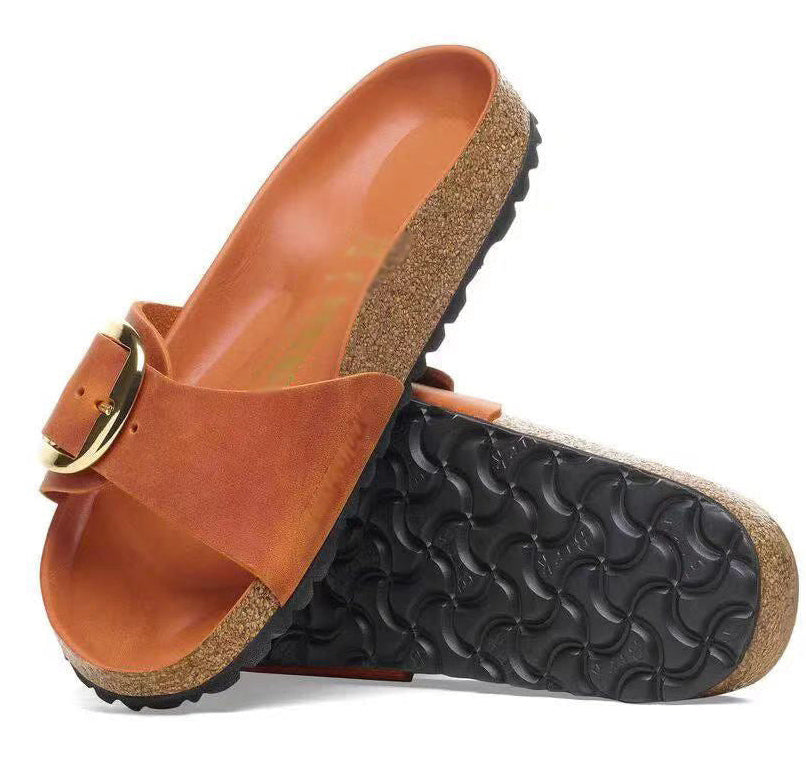 🍒Womens genuine Leather Flat Sandals buckle sliders genuine cow hide slip ons quality summer sandals  Holiday Vibe Slide