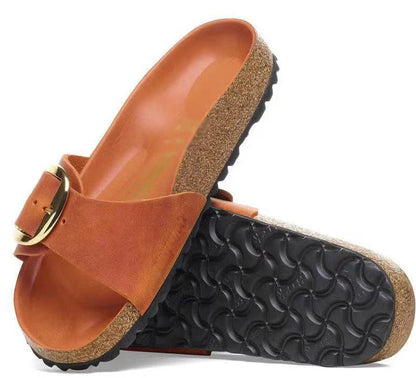 🍒Womens genuine Leather Flat Sandals buckle sliders genuine cow hide slip ons quality summer sandals  Holiday Vibe Slide