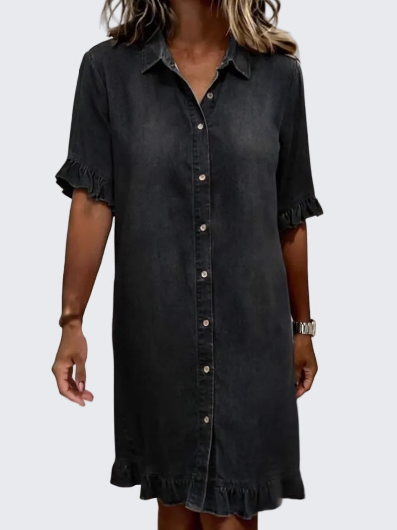 🍒Denim shirt style dress for women casual clothing with frills at cuff and hem summer wear holiday wear over knee outfit short sleeve   Stay Out Of The Red And Get FRILLED With This BLUE (or white or black)