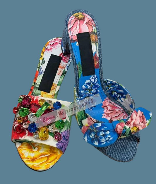 🍒Printed sandals mules floral mid heels red yellow multi-color  crystal shoes for women sandals for wedding guests gem stone embellished party slippers for women occasion footwear modern slip on pumps Pump Up Your Foowear Wardrobe