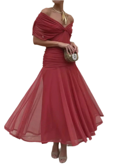 🍒Spring summer printed v-neck mesh off-shoulder dress versatile party outfits for vacation and weddings smart casual chiffon evening dress for women solid feminine clothing Off The Charts Off Shoulder