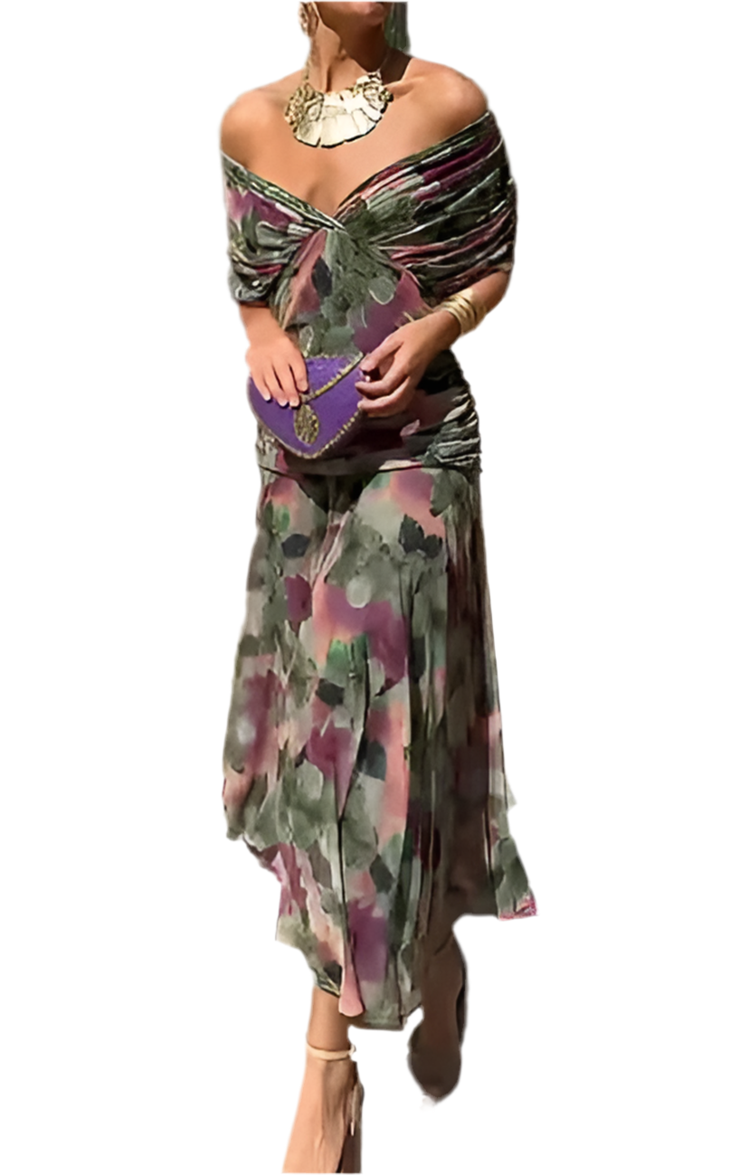 🍒Spring summer printed v-neck mesh off-shoulder dress versatile party outfits for vacation and weddings smart casual chiffon evening dress for women solid feminine clothing Off The Charts Off Shoulder