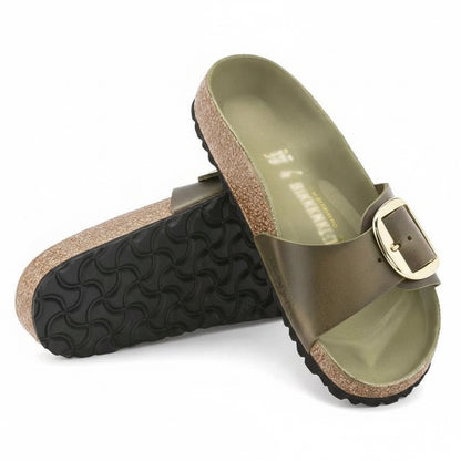 🍒Womens genuine Leather Flat Sandals buckle sliders genuine cow hide slip ons quality summer sandals  Holiday Vibe Slide