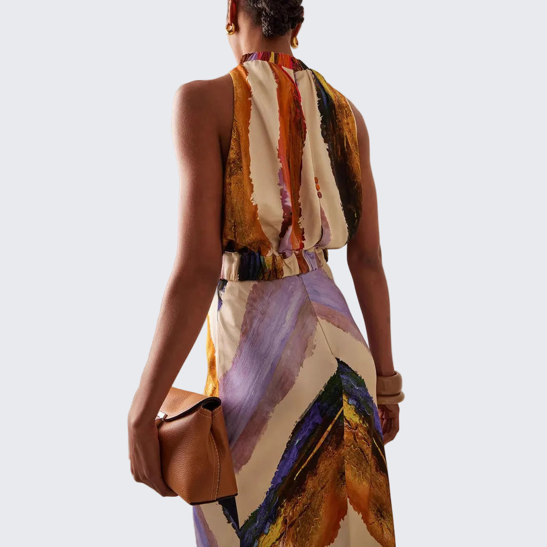 🍒Womens sleeveless printed maxi dress occasion wear fashion holiday wear multi colour outfit for summer fitted waist clothing Chevron Chic