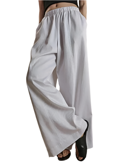 🍒Minimalism pants women wide leg high waisted elasticated trousers solid colour bottoms with pockets design versatile casual clothing Simple Style