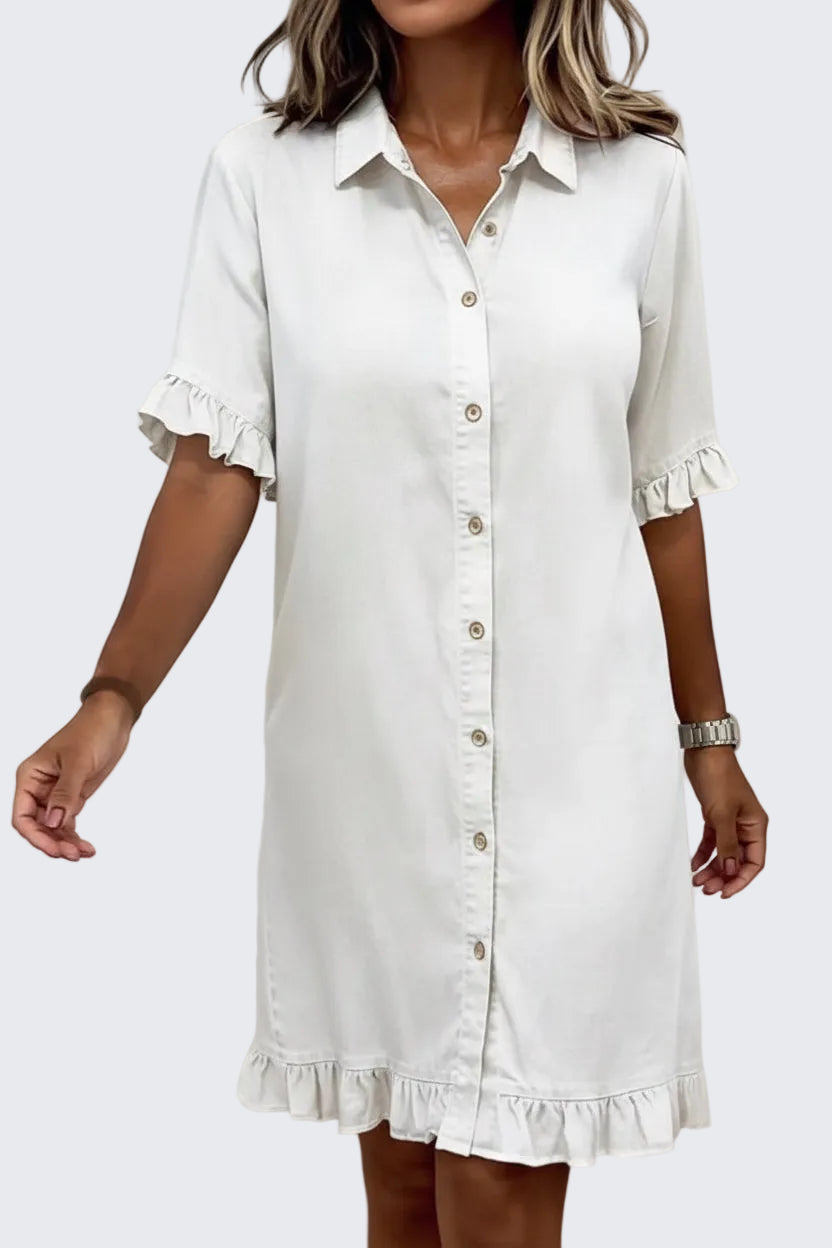 🍒Denim shirt style dress for women casual clothing with frills at cuff and hem summer wear holiday wear over knee outfit short sleeve   Stay Out Of The Red And Get FRILLED With This BLUE (or white or black)