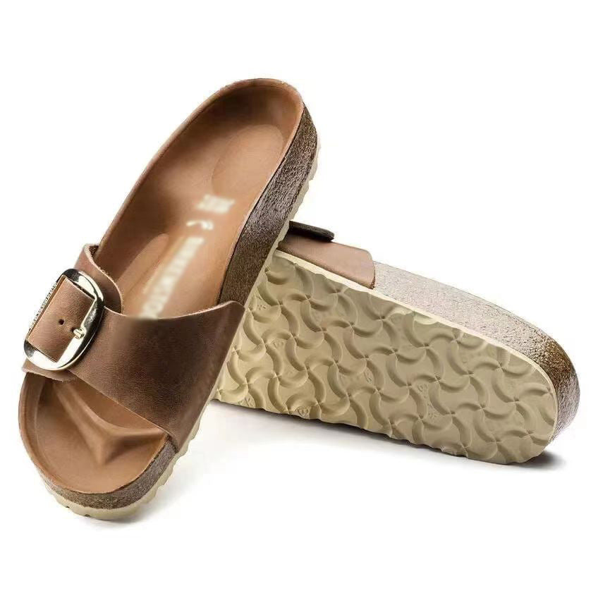🍒Womens genuine Leather Flat Sandals buckle sliders genuine cow hide slip ons quality summer sandals  Holiday Vibe Slide