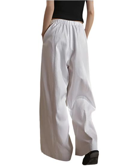 🍒Minimalism pants women wide leg high waisted elasticated trousers solid colour bottoms with pockets design versatile casual clothing Simple Style