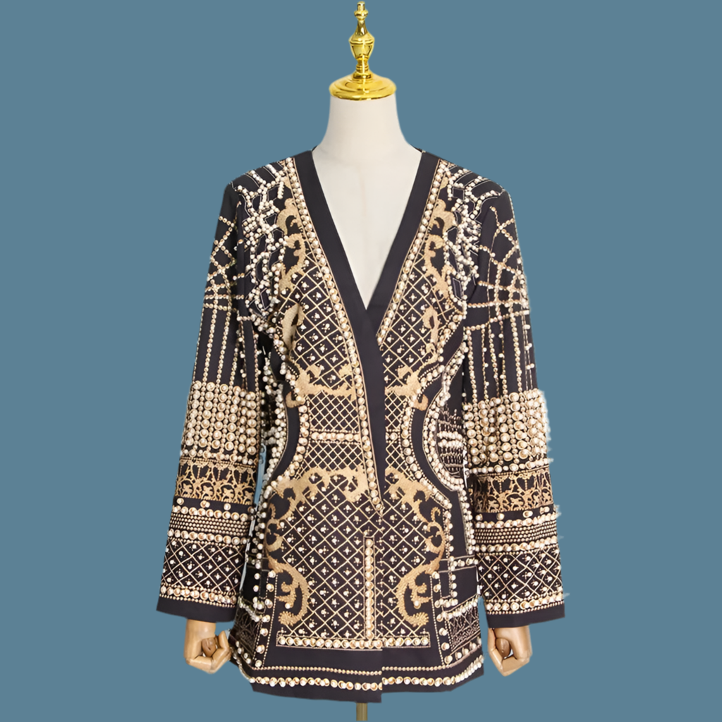 🍒Mid length coats black blazer with pearls long sleeve v- neck jacket full sleeve with with intricate embridery pearls detailing trendy classic clothes occasion clothing Celebrate Ornate