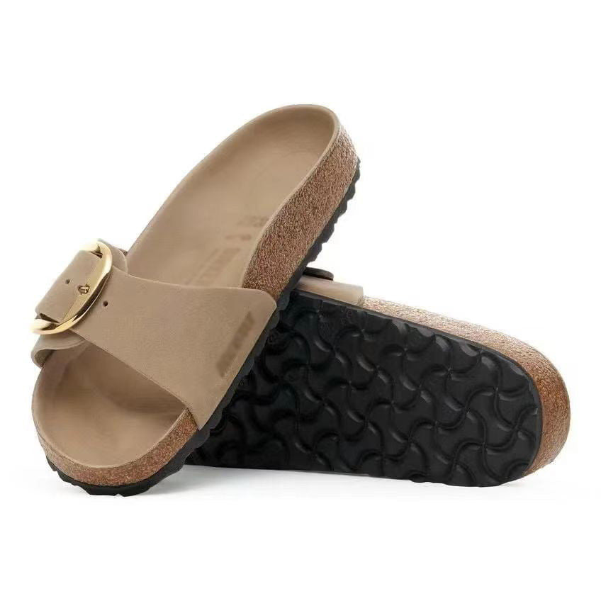 🍒Womens genuine Leather Flat Sandals buckle sliders genuine cow hide slip ons quality summer sandals  Holiday Vibe Slide
