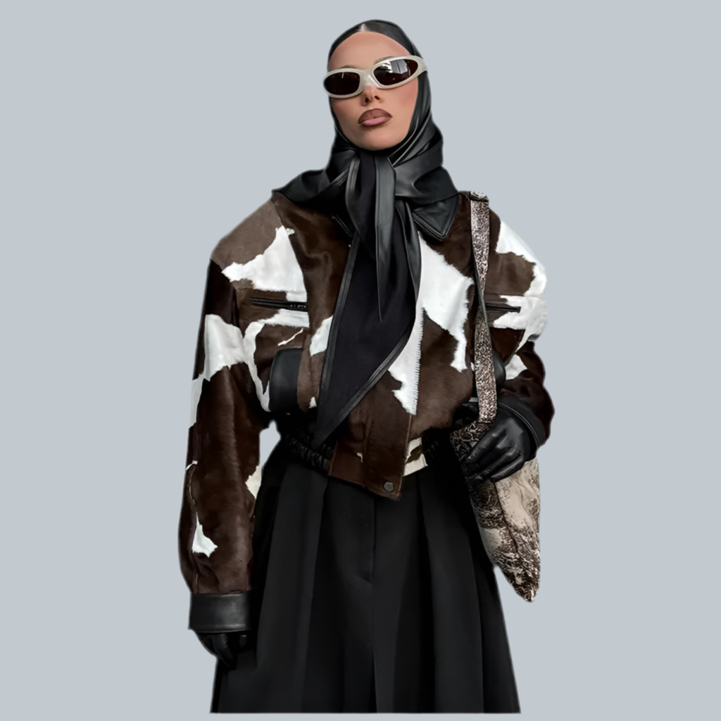🍒Women's cow print Jacket with lapel collar short zipper coat for smart casual female outerwear  Warm    Milk (it) A Cow