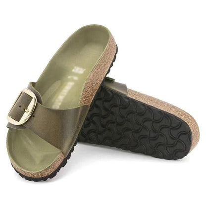 🍒Womens genuine Leather Flat Sandals buckle sliders genuine cow hide slip ons quality summer sandals  Holiday Vibe Slide