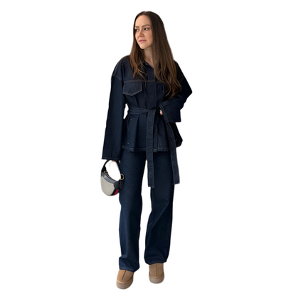 🍒Belt denim Jacket and Pants Sets shirt style jacket women butt up coat and straight trousers suit loose autumn Ladies outfits Dressy Denim