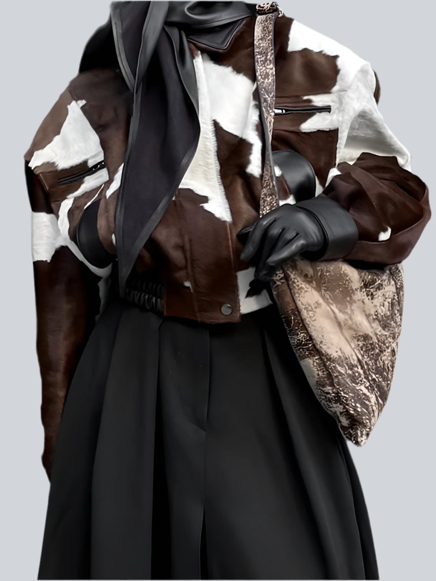 🍒Women's cow print Jacket with lapel collar short zipper coat for smart casual female outerwear  Warm    Milk (it) A Cow
