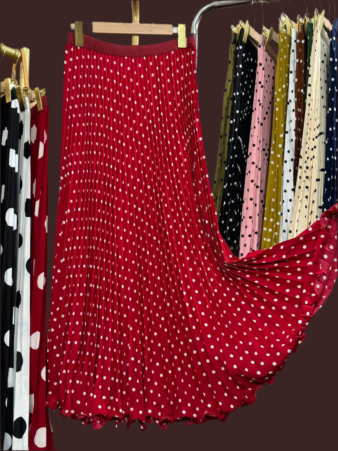 🍒Chiffon skirts maxi elasticated polka dot clothes a-line fashion wear all season clothing high waisted smart casual women occasion wear Delightfully Dress Dotty